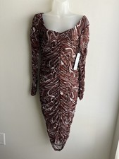 Almost Famous Dress Size Large Brown White Geometric Mesh Ruched Bodycon Midi