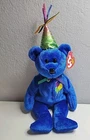 Ty Beanie Babies  Happy Birthday Vintage 2006 Retired Blue Bear W/Green/Red Hat