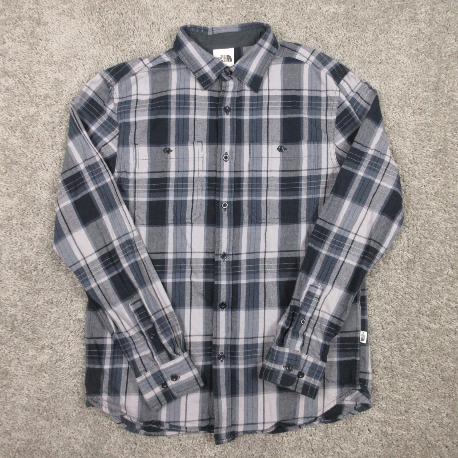 The North Face Shirt Mens Small Black Gray Twill Flannel Pockets Work Button Up