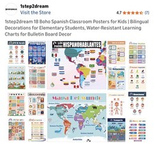 1step2dream 18 Spanish Classroom Posters, Bilingual, Water-Resistant