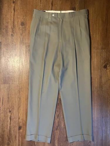Vintage Corbin Men's 34x32 Olive/Tan Wool Trousers Pleated Cuffed Made In USA - Image 1