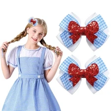Blue White Checkered Gingham Hair Bow Clips, 3.5 Inch Checker Pigtail 02PCS