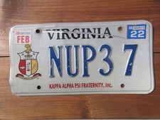 Virginia Kappa Alpha PSI Fraternity License Plate VA College University NUP 37