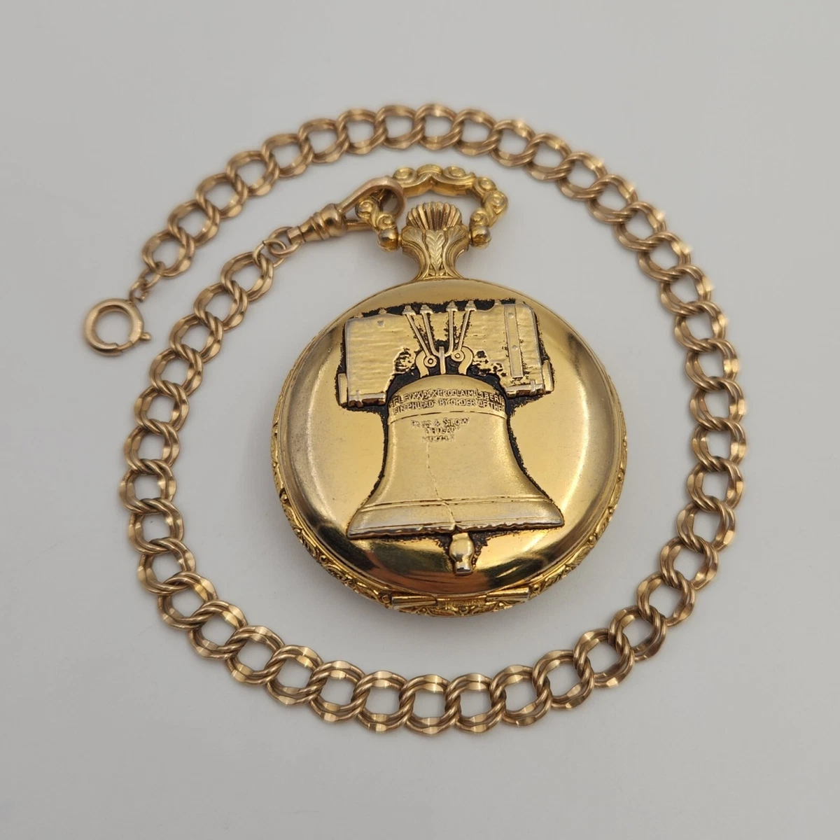 Andre Rivalle Spirit of 76 Liberty Bell 17 Jewels Gold Tone Pocket Watch w Fob