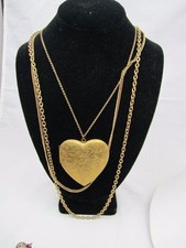 VINTAGE Fancy Engraved Love HEART LOCKET Pendant Triple Chain NECKLACE 18" drop