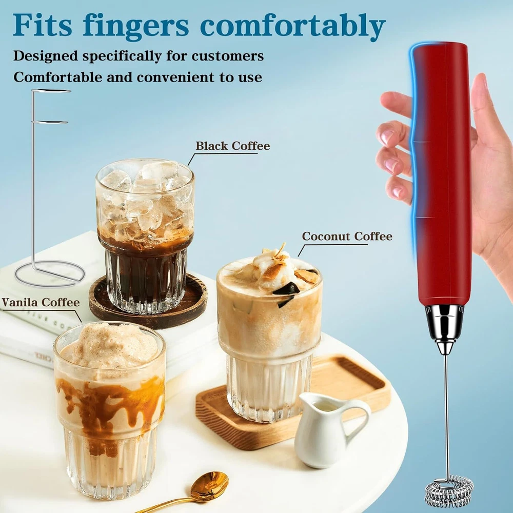 Milk Frother Handheld with Stand, Electric Whisk 3 Speed Adjustable, Red