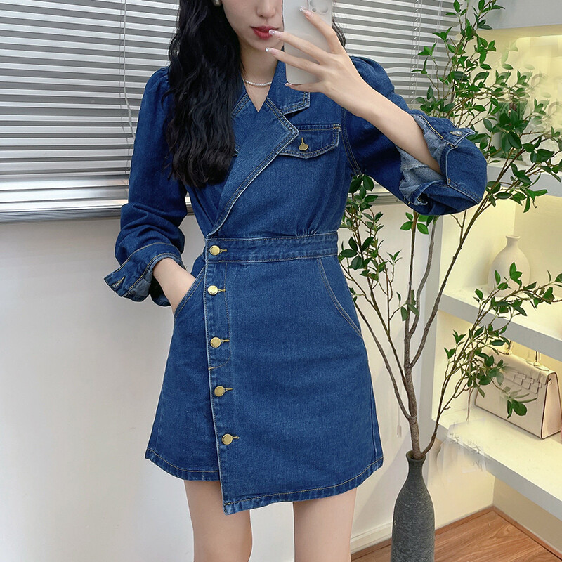 2024 Fashion Women Denim Slim Dress Bodycon Button Long Sleeve Casual Dress  Work
