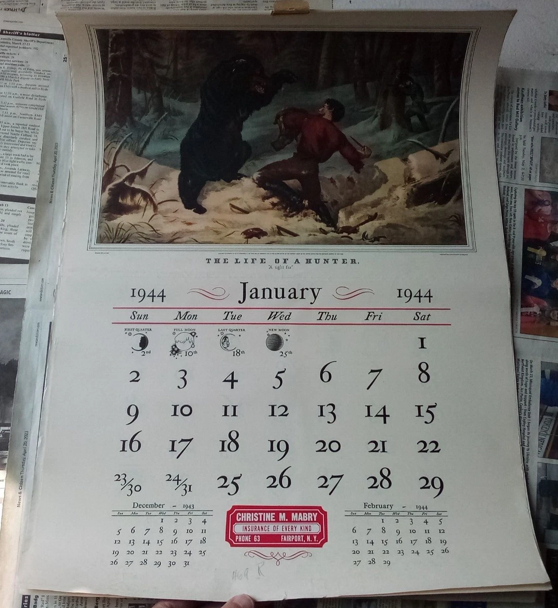 1944 Calendar - The Travelers Hartford CT - Christine Mabry Fairpoint NY |  eBay