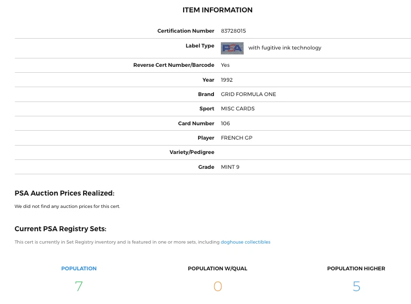 1992 Grid Formula One French GP #106 PSA 9 MINT - Image 3 of 3