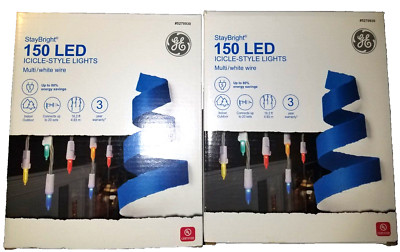 2x 150 GE StayBrite Multi Color LED Icicle Style Christmas Light White Wire 32ft