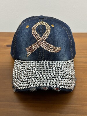 Rhinestone and Denim Baseball Hat Breast Cancer Pink Ribbon  display picture 1