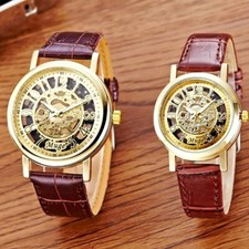 Business Luxus Herrenuhr Skelett-Uhr Armbanduhr Gold Wild-Leder Optik Armband