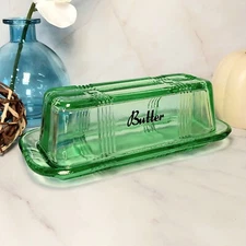 Green Depression Style Glass Covered Butter Dish, Vintage, Kitchen Cottage Decor