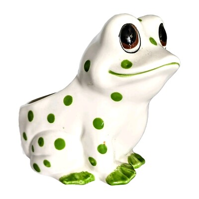 Vandor Imports Ceramic Frog Planter White Green Polka Dots Vintage 5 