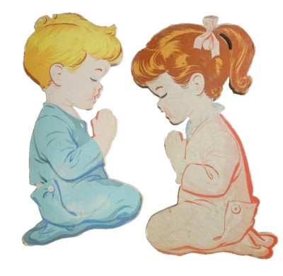 Vintage 1950's The Dolly Toy Co Praying Girl & Boy Thick Chipboard Wall Art