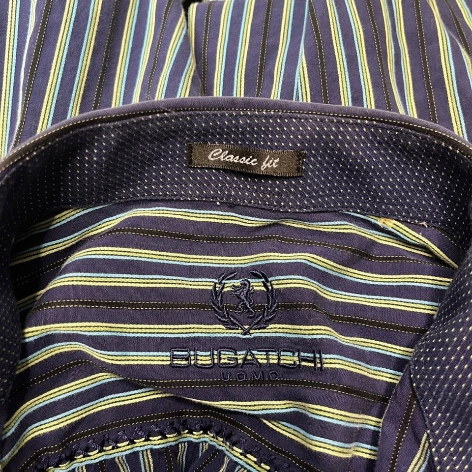 Bugatchi Uomo Men's Blue Striped Button Down Long Sleeve Shirt Large Flip Cuff - Image 4 of 4