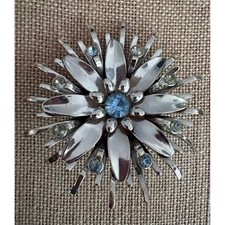 Vintage Silver Tone Starburst Flower Brooch Blue Rhinestone Mid Century Pin