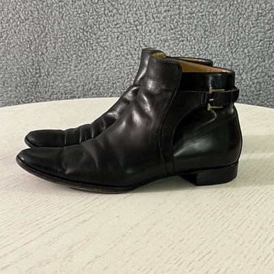 A Testoni Boots Womens 36.5 / 6.5 Black Leather Belt Buckle Strap Ankle Moto
