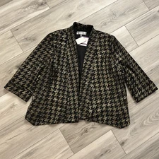 Kasper Plus Size 2X Houndstooth Gold Black 3/4-Sleeve Blazer NWT