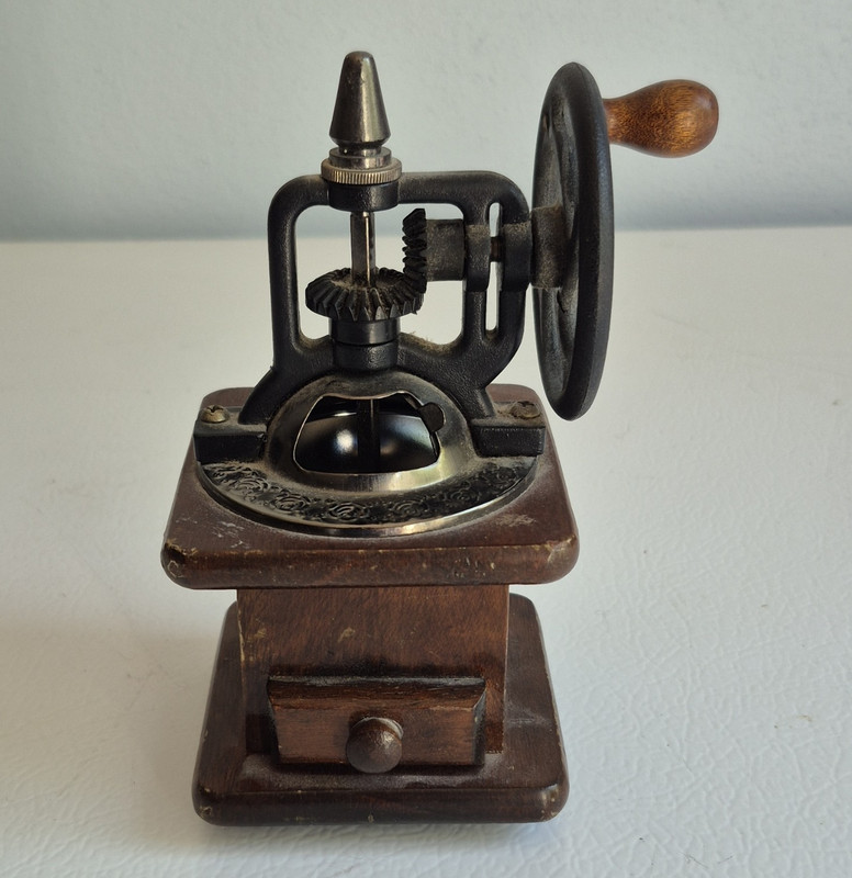 Vintage Coffee & Tea Burr Grinder Manual Hand Crank Wood Base Drawer Floral