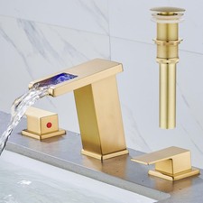 LED Bathroom Faucet 3 Hole, Brushed Gold Waterfall Bathroom Faucets, 8 Inch W...