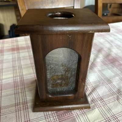 Vintage Wooden Candle Holder Box Glass Deer Stag