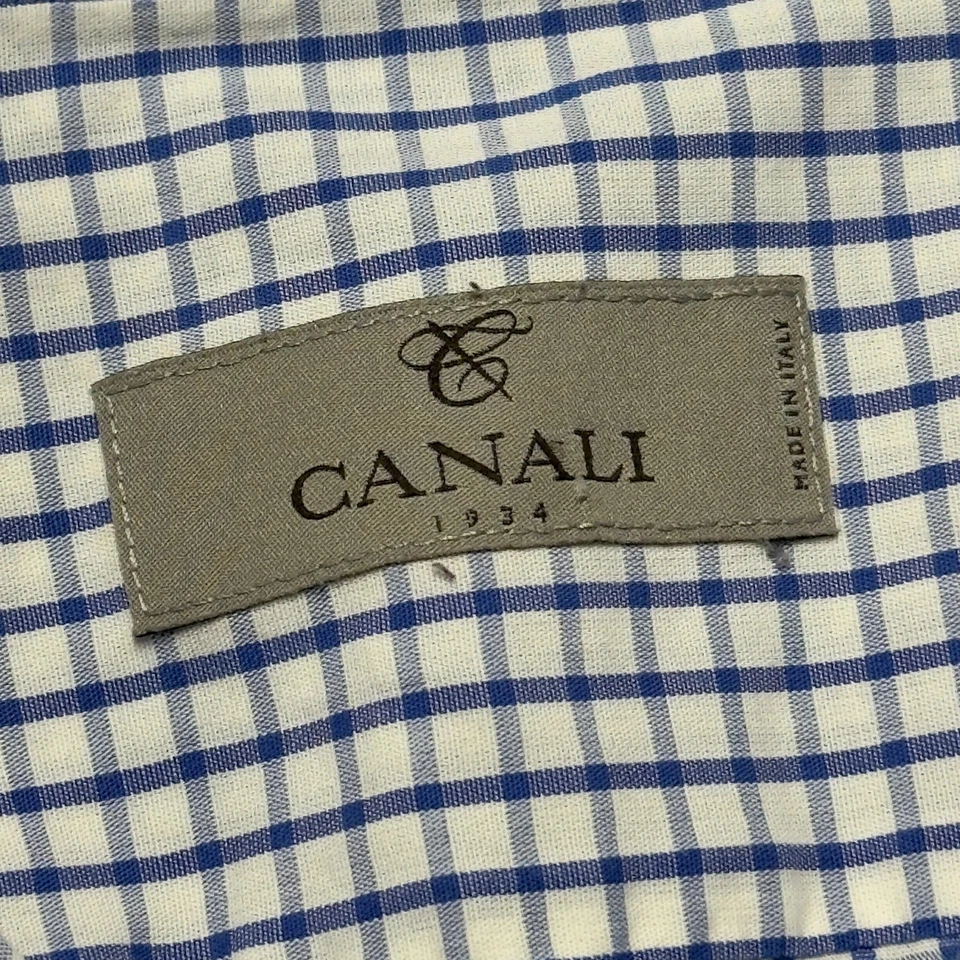 Camisa de vestir Canali para hombre XL 17.5 44 azul a cuadros manga larga botón algodón de lujo Foto 3 de 4