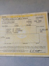 Vintage Historical Idaho Title Document 1962 Dodge D100 Town Wagon Panel