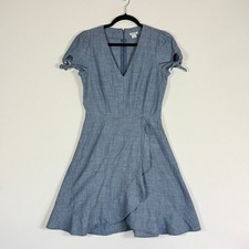 J.Crew 0 Chambray Faux Wrap Dress Blue Womens Ruffle Cottagecore Garden Coastal