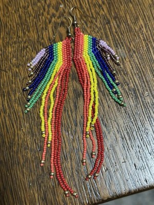 Tribal Earrings Native Large Boho American Seed Beads Handmade Hook Earrings