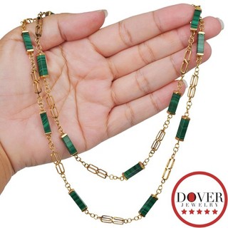 Antique Malachite 14K Yellow Gold 34" Station Chain Necklace 30.8 Grams NR