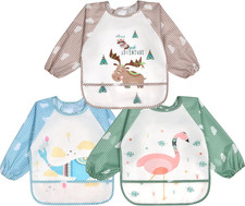 Baby Bibs with Sleeves, 3 Pcs Long Sleeve Waterproof Bibs, Unisex Feeding Bibs w