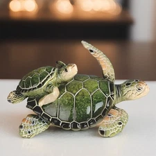 5"W Green Sea Turtle with Cub Figurine Ornament Home Decor Unique Gift