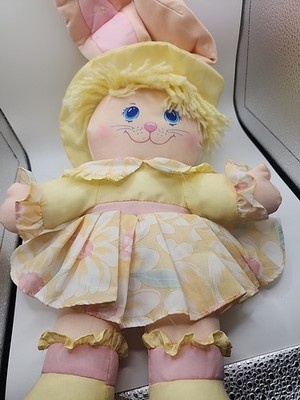 Vintage Well-Made Toy Bunny Face Girl Doll Yellow Floral Dress Stuffed Plush