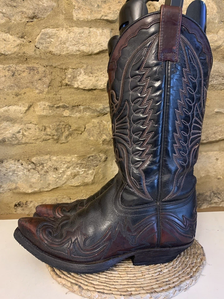 Vintage Sendra Boots Black Burgundy Leather Cowboy Size UK 4 EU37 Mid Calf - Image 4 of 4