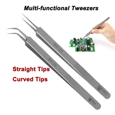 Precision Tweezers Straight/Curved Tips For Craft Electronic Craft Repair Tools - Image 1 of 4