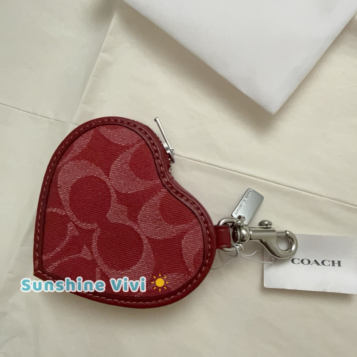 NWT coach Heart Bag Charm In Signature Denim CDC91 Silver True Red