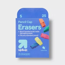 Box of 25 Pencil Top Cap Erasers. 5 Colors: Blue, Yellow, Pink, Green, Orange