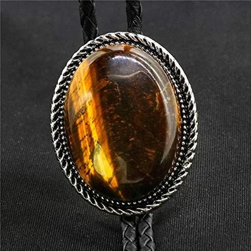 Tiger`s eye Stone Mens Bolo Tie Western Cowboy Wedding Necklace PU Leather Rope
