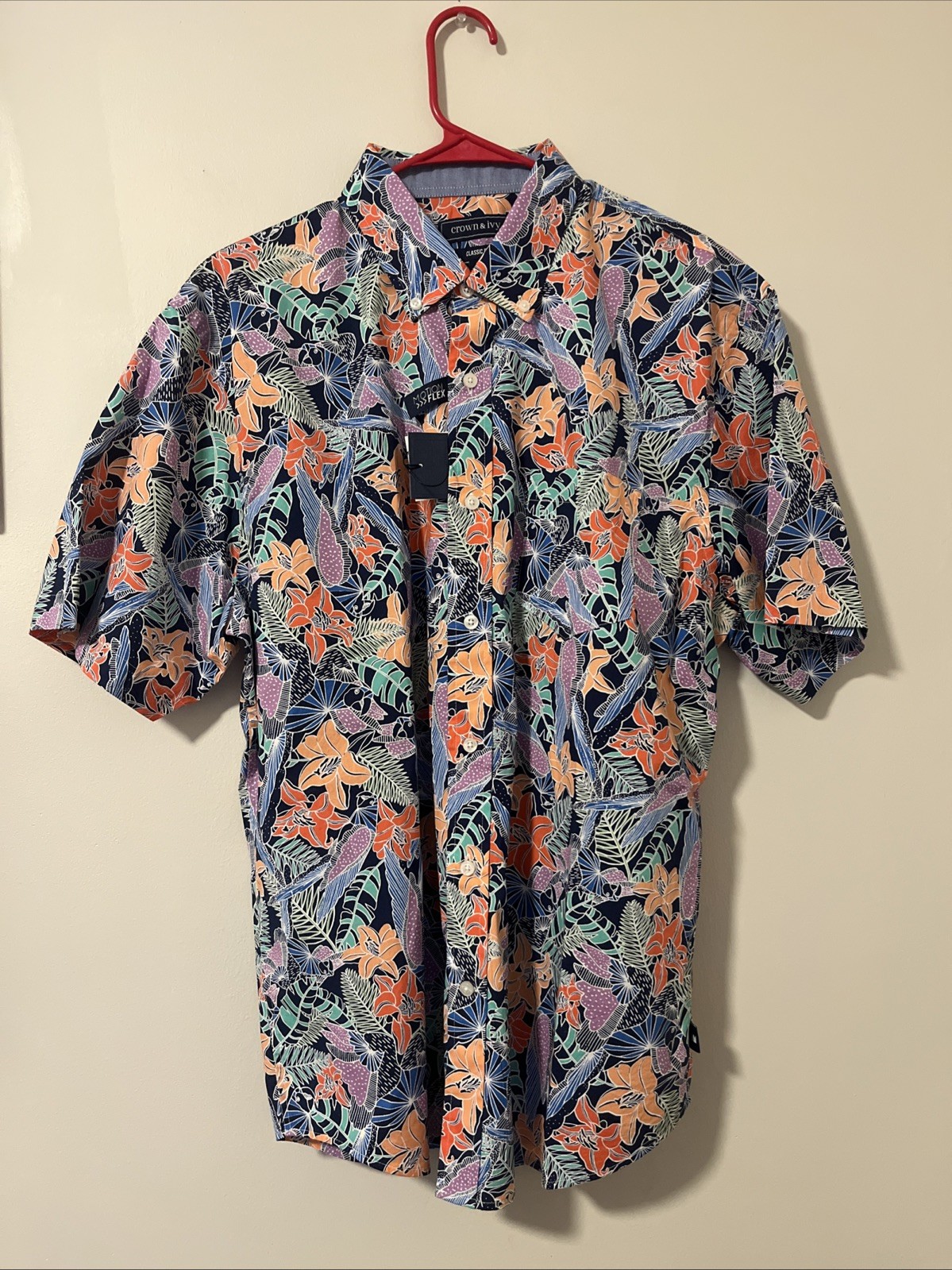 NWT Crown & Ivy Classic Fit Motion Flex Hawaiian Short Sleeve Button Down Size L