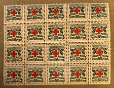 Block Of 20, 1909 US Christmas Seals Red Cross Never Used Excellent Condition