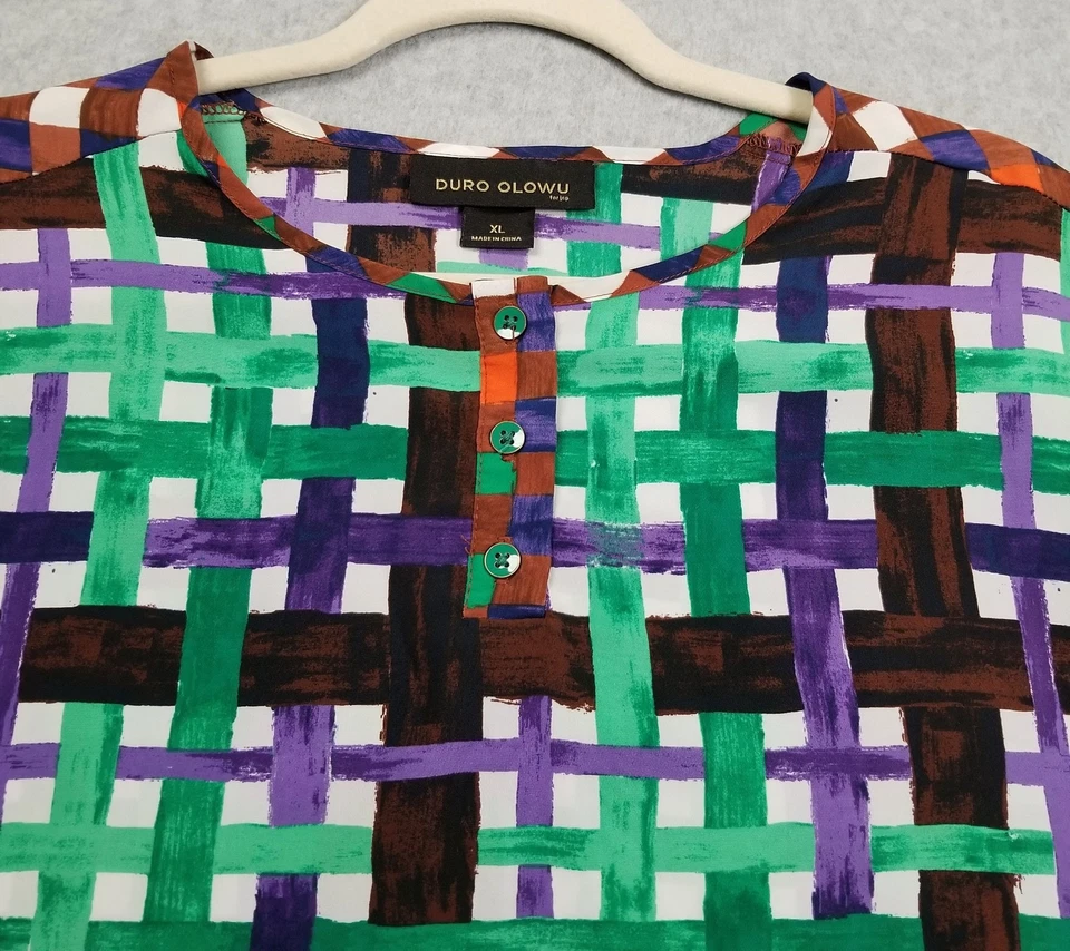 Duro Olowu Top Women’s Extra Large XL Plaid Short Sleeve Blouse Lightweight Thin - Image 2 of 4