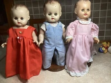 3 VINTAGE ANTIQUE 1950s  13”  DOLL SUN RUBBER - 2 Girls-1 Boy- With Stands