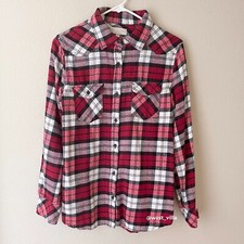 Women  s Plaid Flannel Shirt Red Black White Long Sleeve Pocket Elbow Patch M
