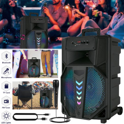 15'' Portable Bluetooth Party Speaker Subwoofer w/Heavy Bass Wireless Mic AUX LED