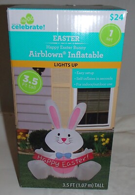 Way to Celebrate 3.5 Ft Airblown Easter Bunny w/Bowtie Spring Inflatable