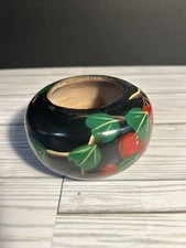 Hand Carved Wooden Bowl Painted Black With Hand Painted Cherries Unmarked