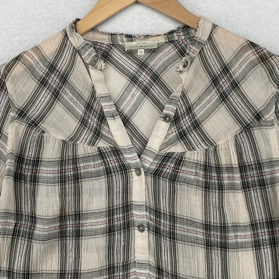 Блузка женская LUCK BRAND XS марлевая клетчатая потертая поповер с длинным рукавом хлопковая серая - Изображение 4 из 4