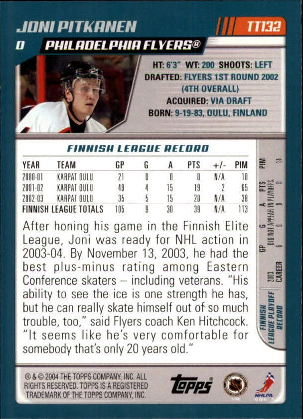 2003-04 Topps Traded #TT132 Joni Pitkanen RC Rookie Flyers - Image 2 of 2