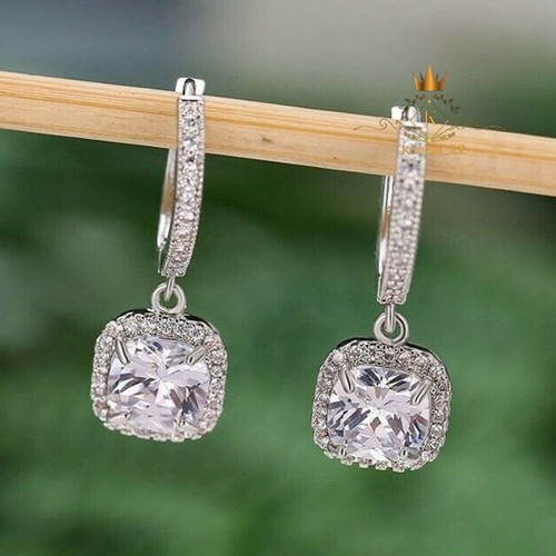 Moissanite Drop/Dangle Earrings Cushion Cut 2.50 CT 14K White Gold Gift For Her